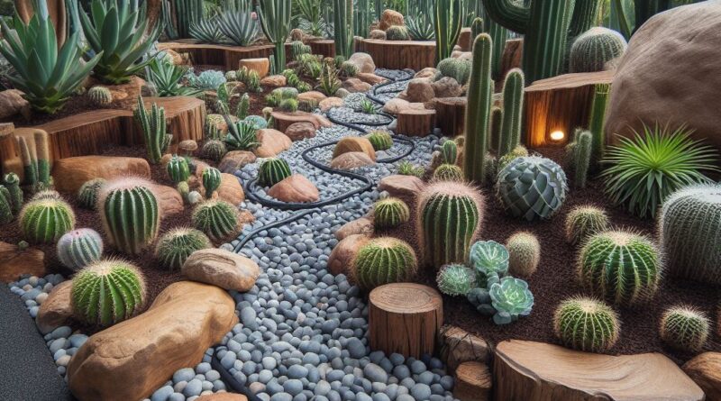 A-desert-landscape-with-cacti-succulents-and-rocks.-A-dry-riverbed-mulch-and-a-drip-irrigation-system-are-visible